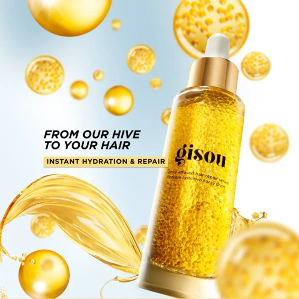 Hair Repair Serum bottle among golden honey drops