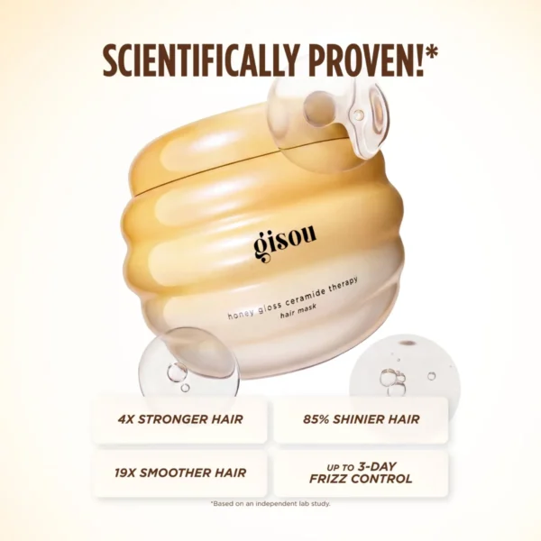 Open jar of Honey Gloss Ceramide Therapy Hair Mask with its tested results for strength, shine and frizz control