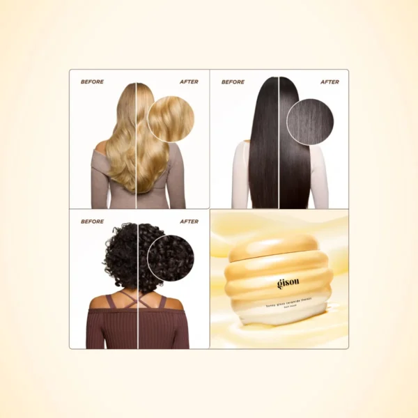 Before and after photos of straight, wavy and curly hair treated with the Ceramide Therapy Hair Mask