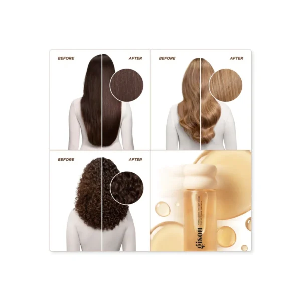 Gisou Honey Gloss Collagen Drops Hair Oil 20ml – view 4 Before and after photos of dark, blonde and curly hair treated with Honey Gloss Collagen Drops Hair Oil