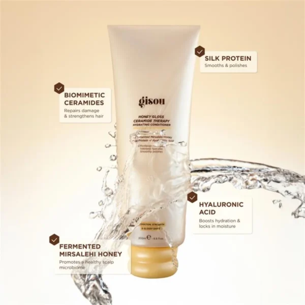 Hydrating Conditioner tube with key ingredients: biomimetic ceramides, silk protein, hyaluronic acid and Mirsalehi honey