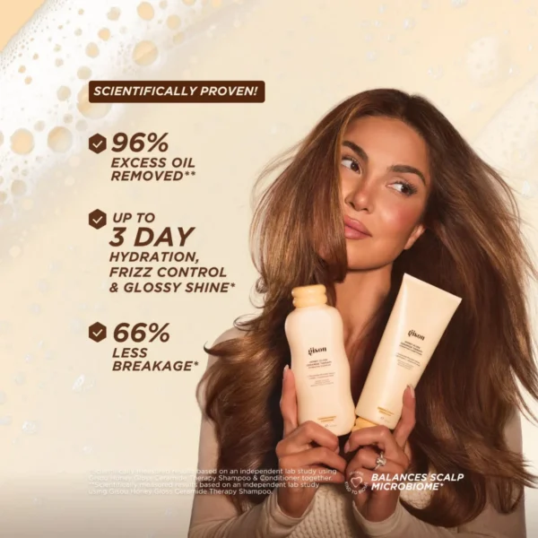 Model with long brunette hair holding the Hydrating Conditioner and Shampoo, with their tested results