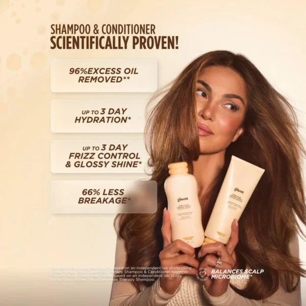 Model holding the Honey Gloss Hydrating Shampoo and Conditioner, with their tested results