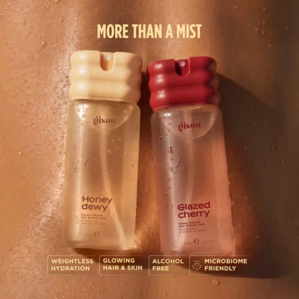 Gisou Honey Infused Hair and Body Mist 100ml – view 3 Honey Dewy and Glazed Cherry Hair & Body Mists against glowing skin