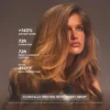 Gisou Honey Infused Hair Oil bottle with dropper – view 2 Model with long, glossy brunette hair beside Honey Infused Hair Oil's tested shine, hydration and heat protection results
