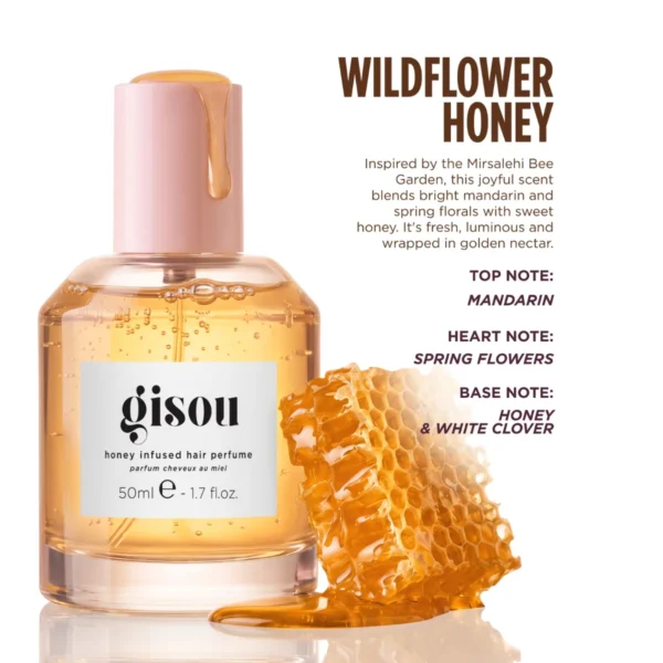Wildflower Honey Hair Perfume beside honeycomb, with its mandarin, spring flower and honey scent notes