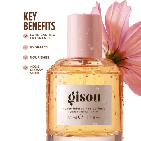 Honey Infused Hair Perfume bottle with a pink flower and its key benefits listed