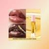 Two close-ups of glossy lips next to a bottle of Honey Gold Lip Oil