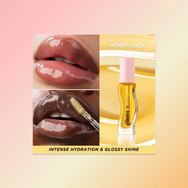 Two close-ups of glossy lips next to a bottle of Honey Gold Lip Oil
