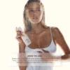 Model holding the Honey Milk Leave-In Conditioner Mist, with how-to-use steps for damp, towel-dried hair
