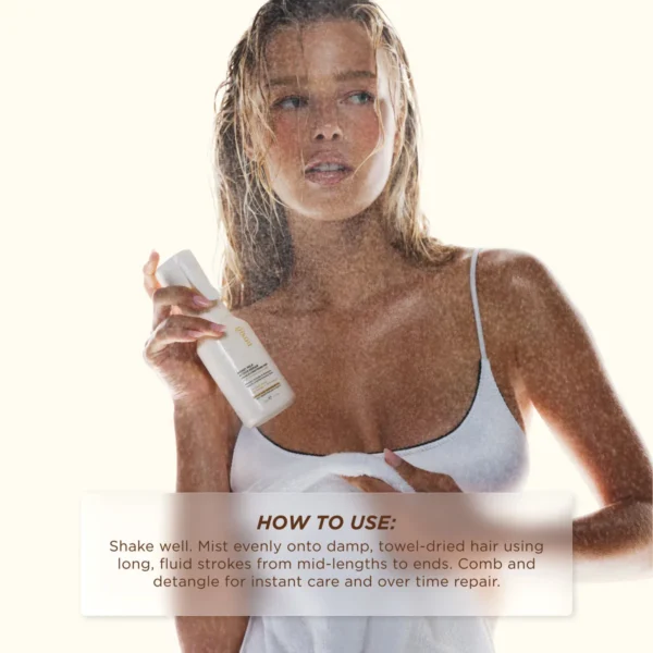 Model holding the Honey Milk Leave-In Conditioner Mist, with how-to-use steps for damp, towel-dried hair