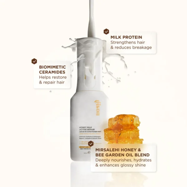 Honey Milk Leave-In Conditioner Mist with milk protein, biomimetic ceramides and Mirsalehi honey called out