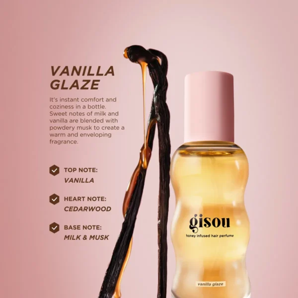 Vanilla Glaze Hair Perfume beside a vanilla pod, with its vanilla, cedarwood, milk and musk scent notes